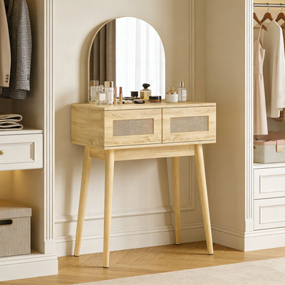 HOMCOM Dressing Table, Compact Vanity Desk with Mirror and 2 Drawers, Natural Wood Finish 