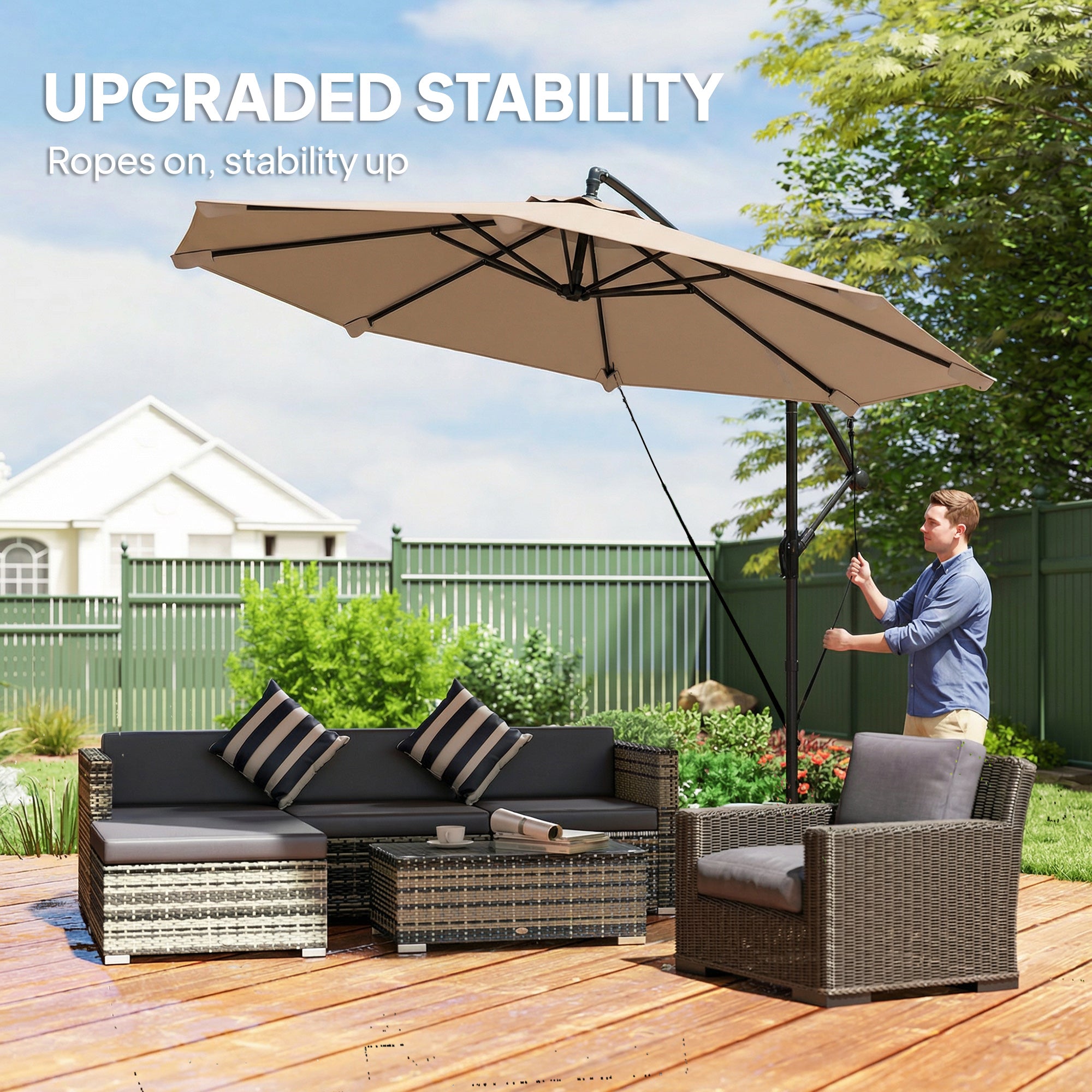Outsunny 3 m Cantilever Parasol with Protective Cover and Wind Ropes, Banana Parasol with Crank Handle, Khaki 