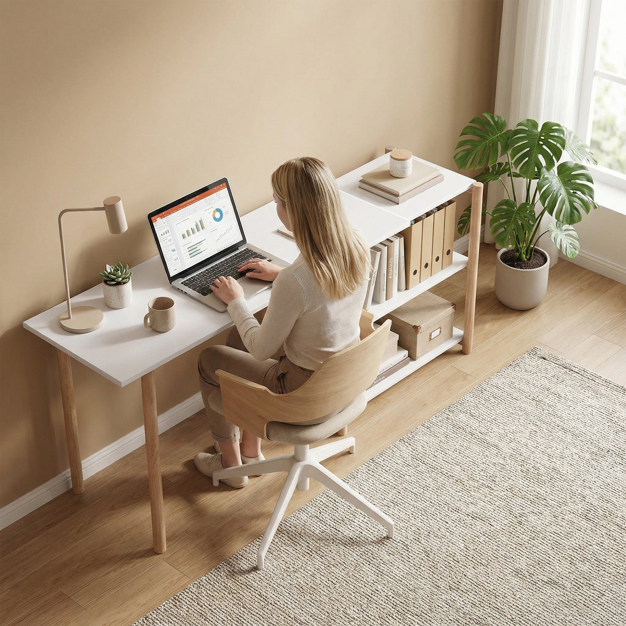 HOMCOM Computer Desk with Storage Shelves Modern Writing Desk Bamboo Frame for Home Office 150 cm White and Oak 