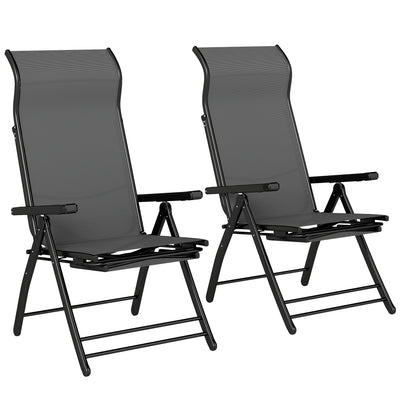 Outsunny Reclining Garden Chairs Set of 2, 5-Position Folding Sun Loungers with High Back, Retractable Footrest, Dark Grey 