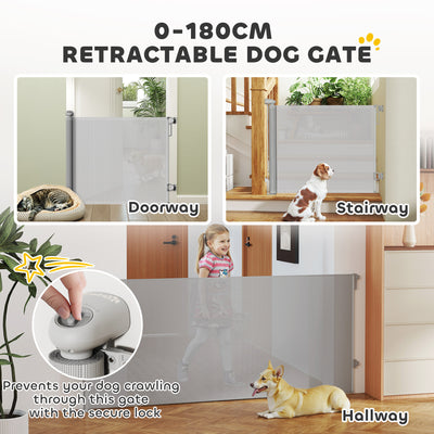 PawHut Retractable Stair Gate Extends Up to 180 cm Wide, Dog Gate for Doorways, Stairways, Hallways, Grey 