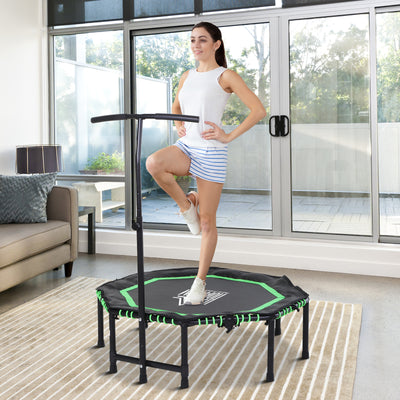 HOMCOM 48" Octagonal Mini Fitness Rebounder Trampoline Indoor Outdoor Foldable Mini Jumper with Adjustable Handle, Green 