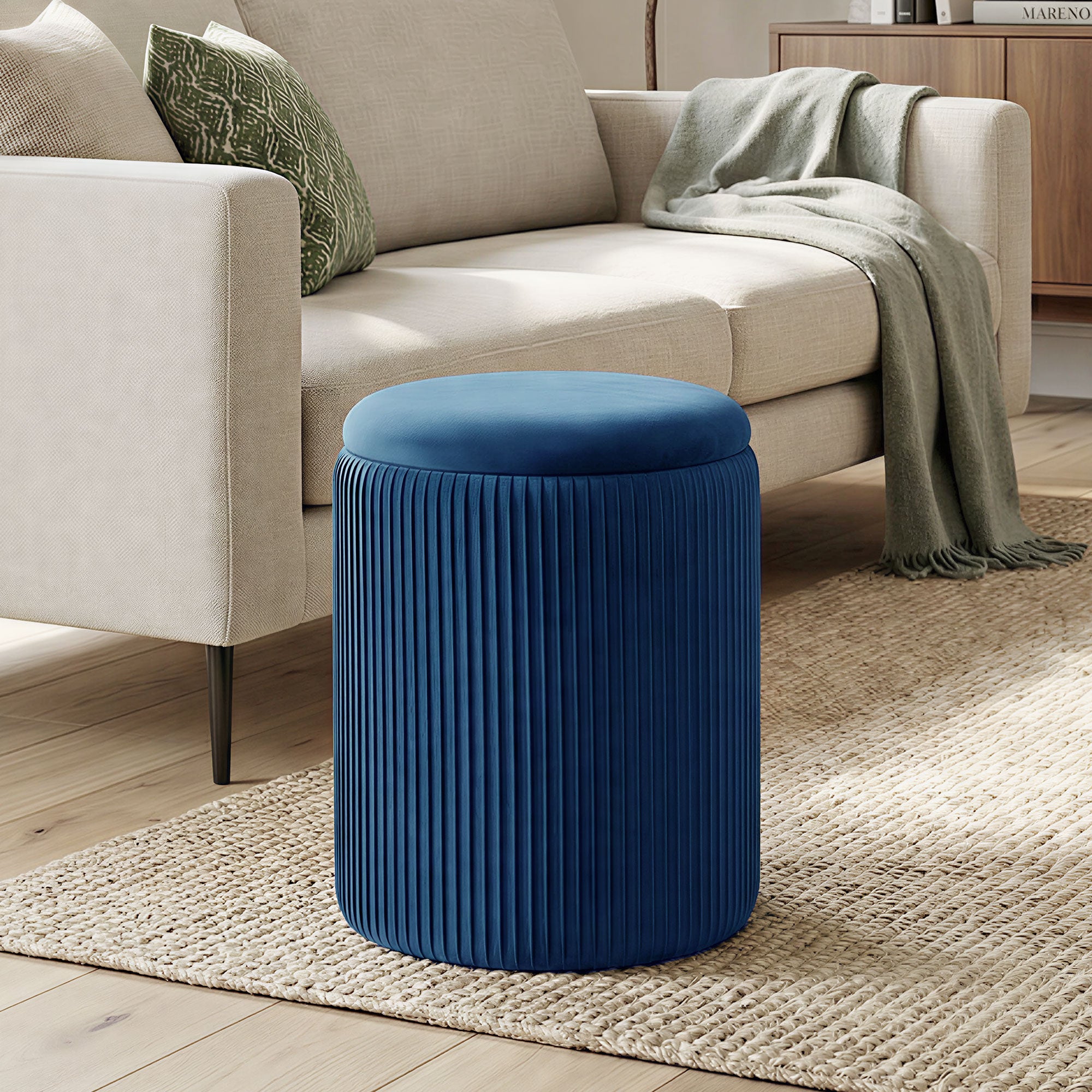 HOMCOM Storage Ottoman Modern Velvet Round Foot Stool for Living Room Bedroom 45 cm Blue 