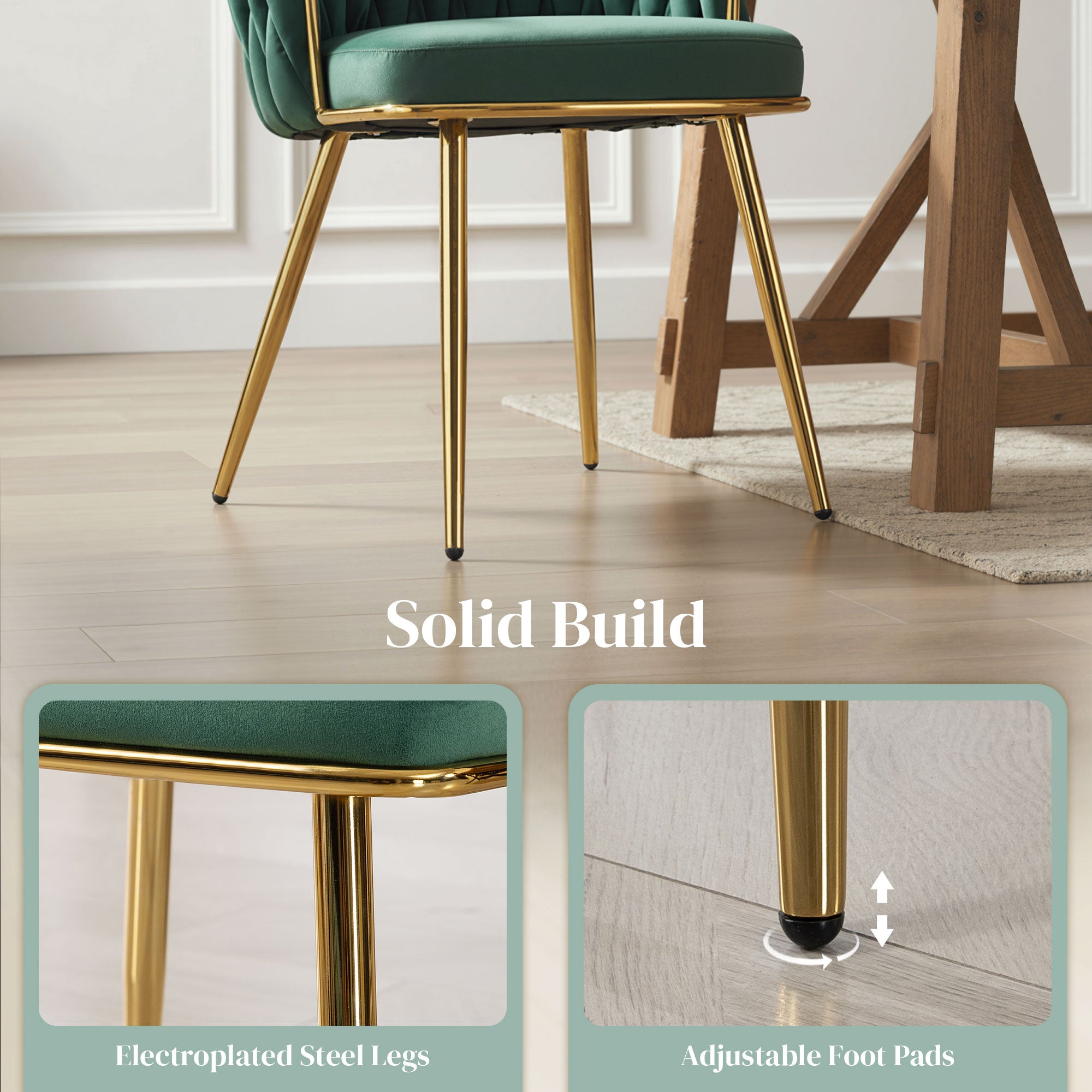 HOMCOM Velvet-Feel Dining Chairs Set of 2, Modern Upholstered Armchair with Knot Design and Golden Metal Legs, Accent Chair for Dining Room, Bedroom, Kitchen, Living Room, Dark Green 