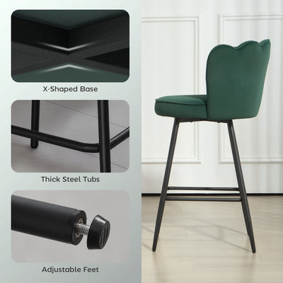 HOMCOM Set of Two Velvet-Feel Lotus Bar Stools - Dark Green 