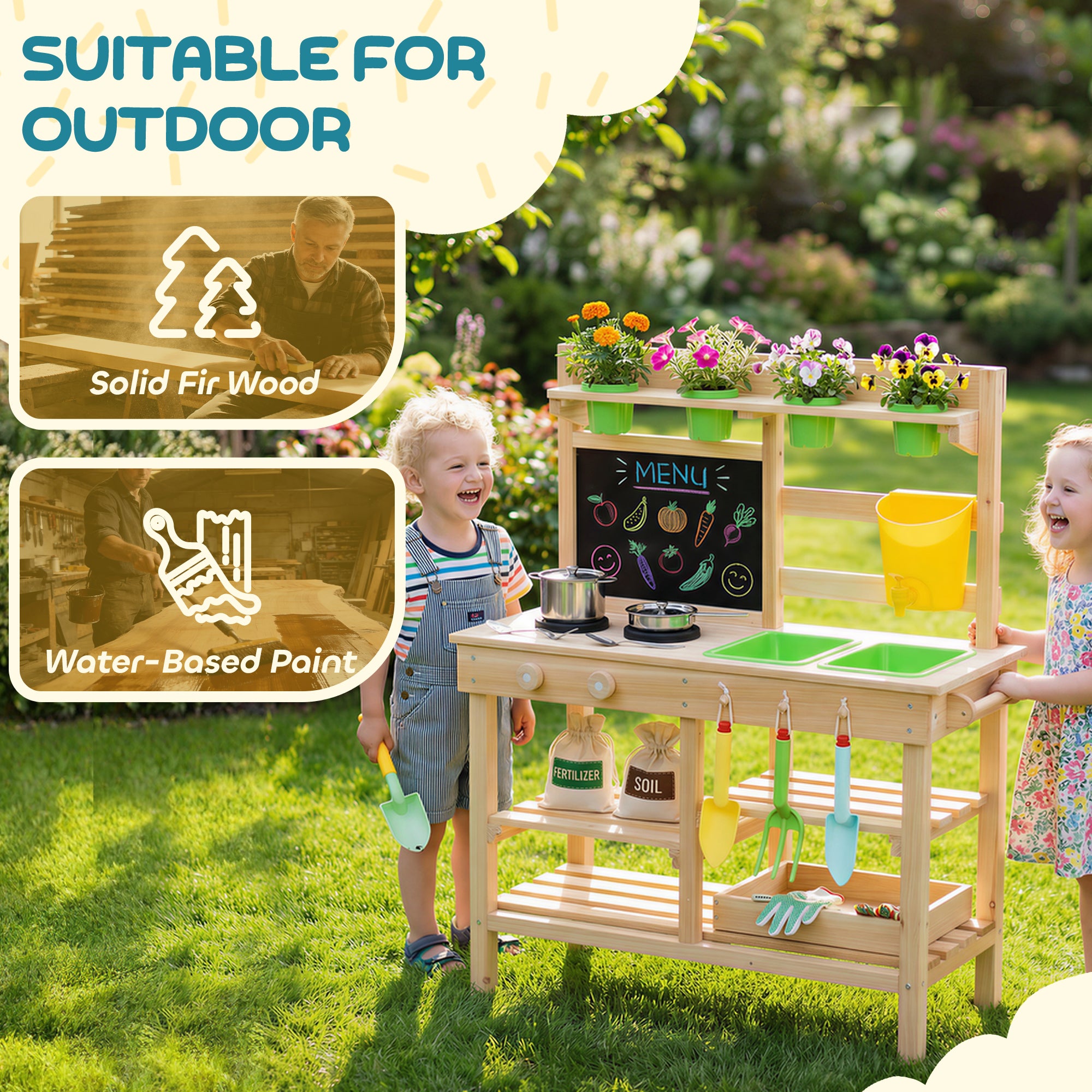 AIYAPLAY Kids Mud Kitchen, Outdoor Wooden Play Kitchen with Kitchenware & Garden Tools, Pretend Play Outdoor Toys, Natural 