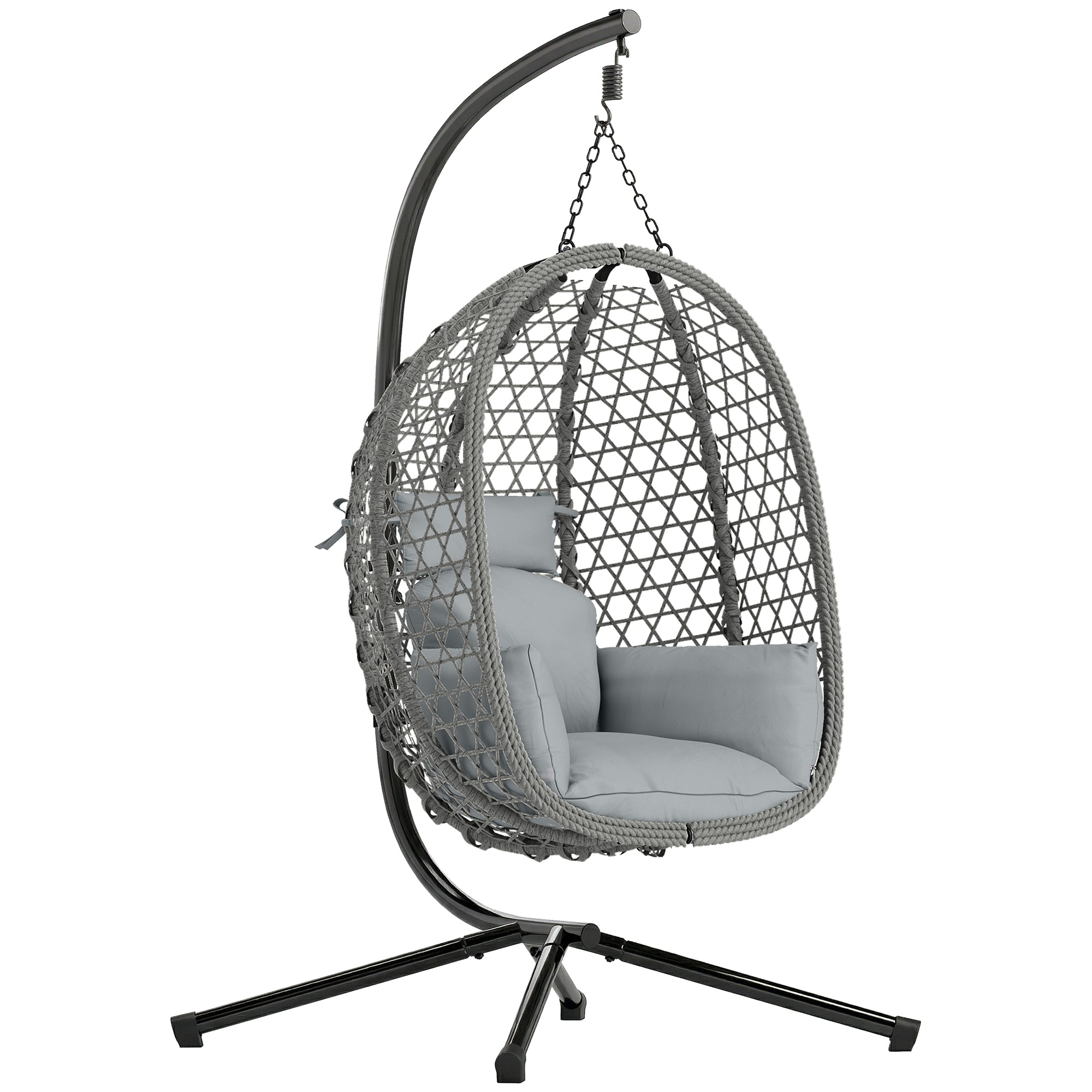 Outsunny Hanging Egg Chair, Indoor Outdoor Rattan Hammock Swing Chair with Stand, Safety Strap, Foldable Basket, Dark Grey 