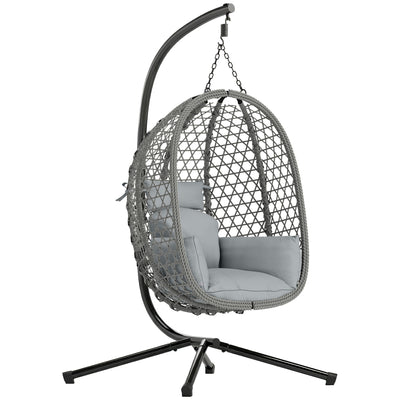 Outsunny Hanging Egg Chair, Indoor Outdoor Rattan Hammock Swing Chair with Stand, Safety Strap, Foldable Basket, Dark Grey 