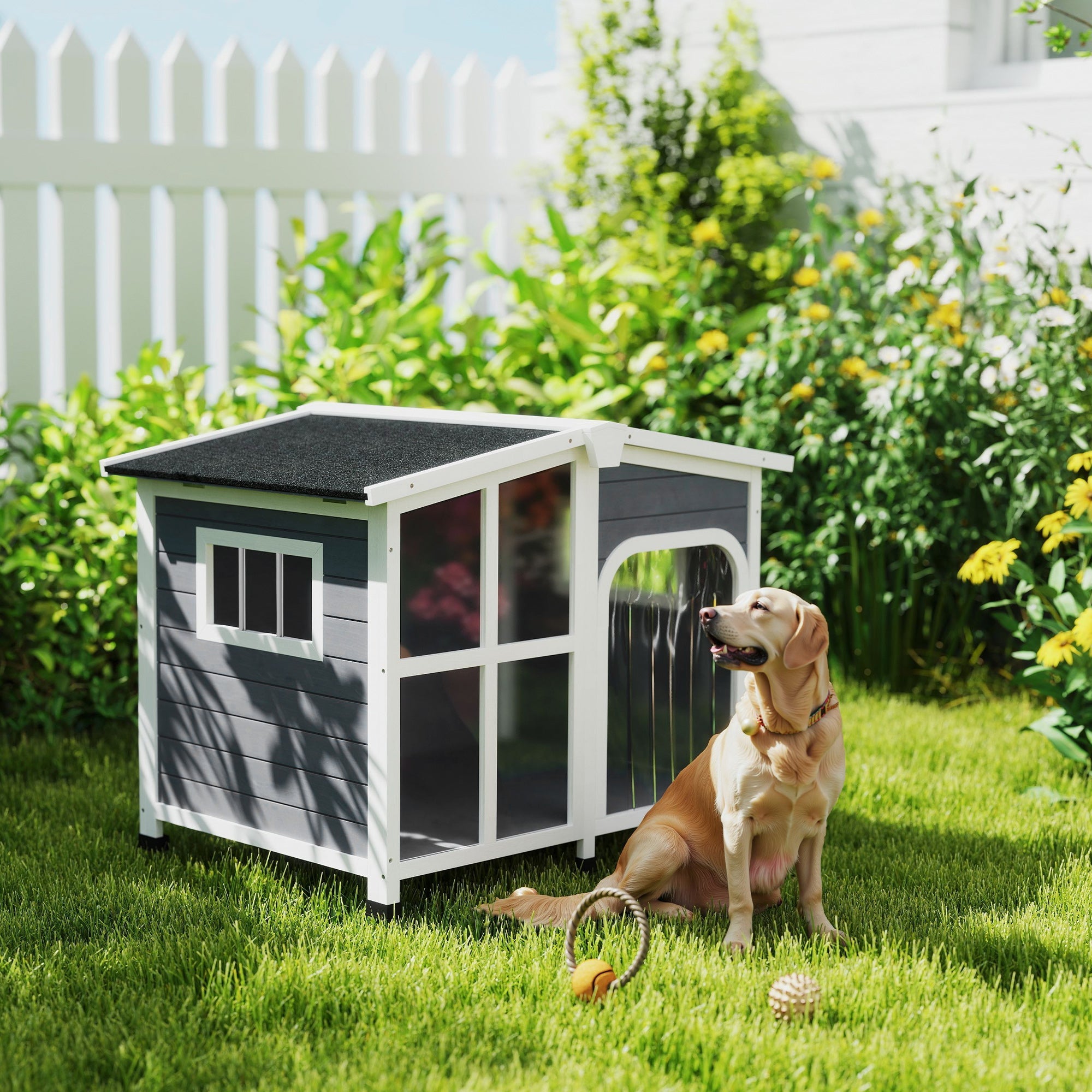 PawHut Wooden Dog Kennel with Removable Floor, Asphalt and Openable Roof, Giant Window for Large Dogs, Charcoal Grey 