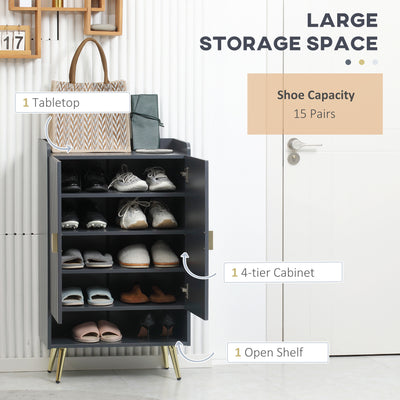HOMCOM Modern Shoe Cabinet with 2 Doors, Open Shelf and Adjustable Shelves, 15 Pair Hallway Shoe Cupboard, Entryway Storage Unit, Grey 