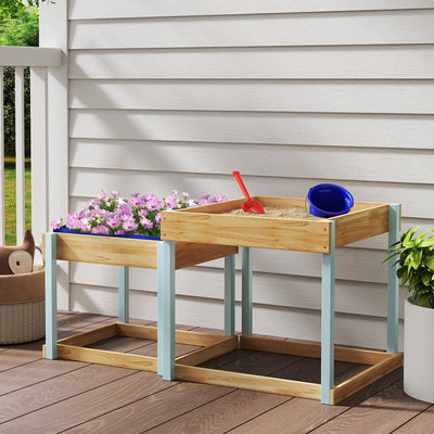 AIYAPLAY 2 PCS Wooden Outdoor Sand and Water Play Tables with Bottom Liner for Kids Aged 3-8 Years Old, Natural Wood Finish 