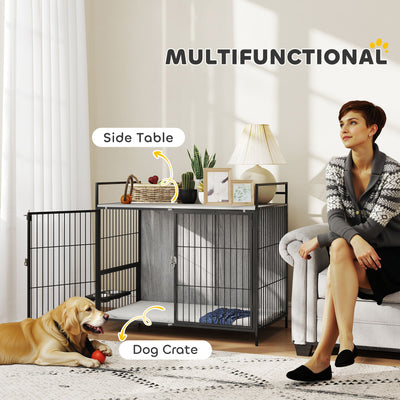 PawHut Large Dog Crate Furniture with Rotating Bowl Holder, 2 Bowls, 2 Doors, for Large Dogs, 100 x 60 x 88 cm, Grey 