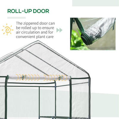 Outsunny Walk in Greenhouse with 3-Tier 8 Shelves, Green House with Hemmed Cover, Roll-up Zipped Door, Steel Frame, 143 x 143 x 195cm 