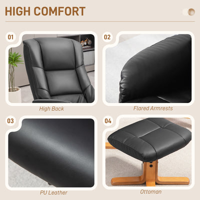 HOMCOM Rocking Recliner Chair with Footstool, PU Leather Recliner Armchair with Wood Base, Upholstered Reclining Chair for Living Room Bedroom, Black 
