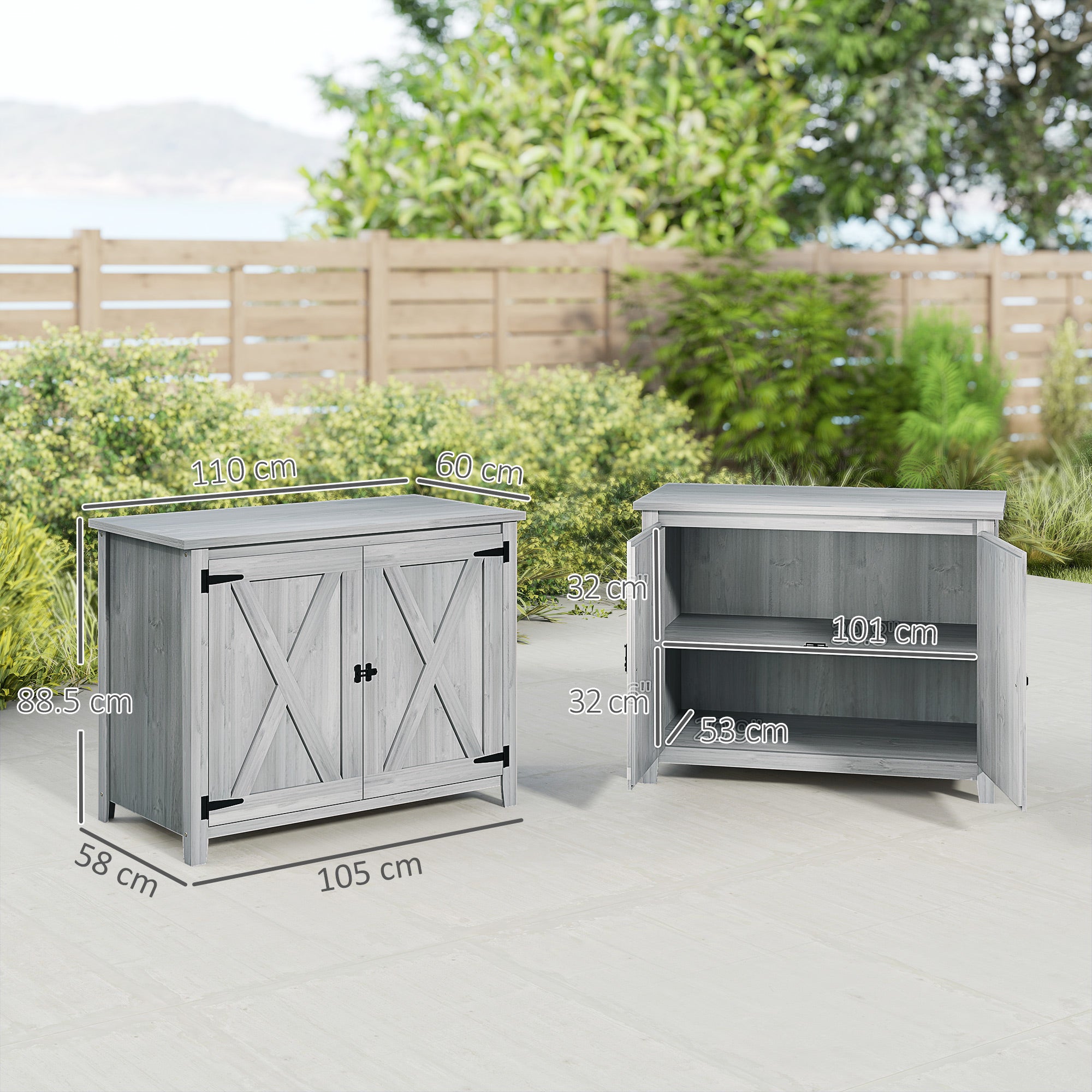 Outsunny Wooden Garden Shed, Outdoor Fir Wood Storage Shed with Shelf and Double Doors, Light Grey 