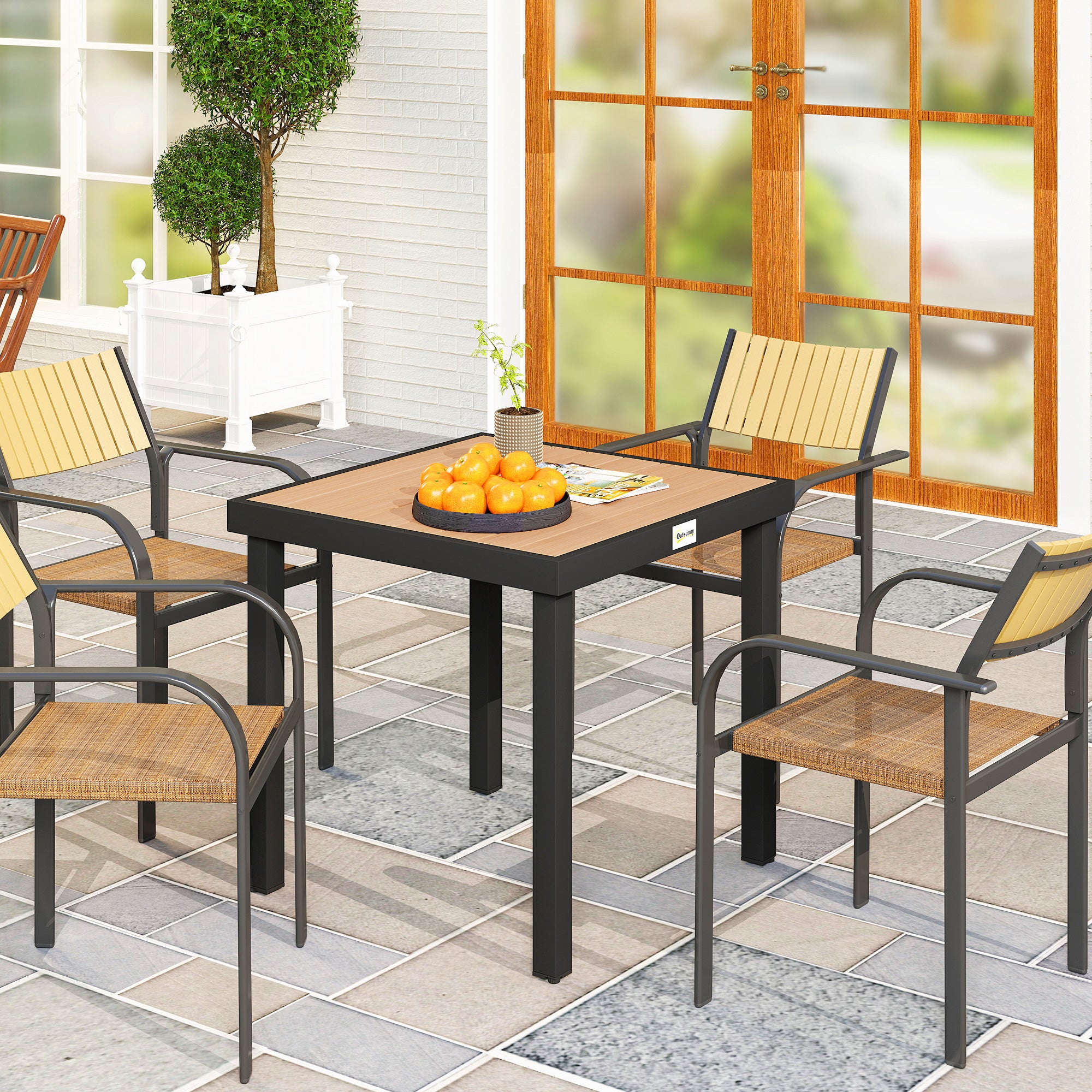 Outsunny 78 cm Garden Dining Table for 4 People, Square Outdoor Coffee End Side Table with Aluminium Legs, Natural Wood Finish 