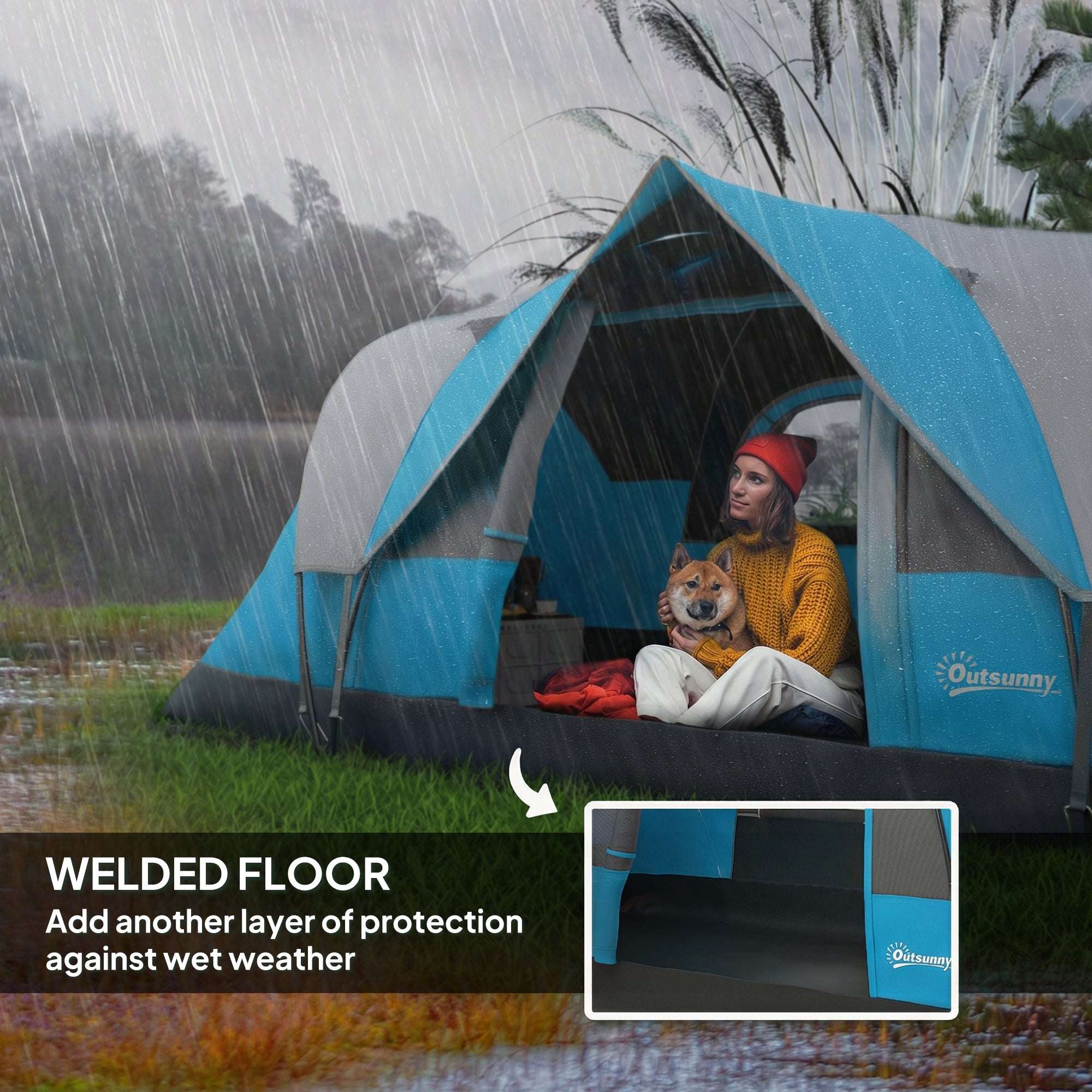 Outsunny 5-6 Man Camping Tent, Tunnel Tent, Water Resistant Hiking Shelter with Groundsheet and Carry Bag, Light Blue 