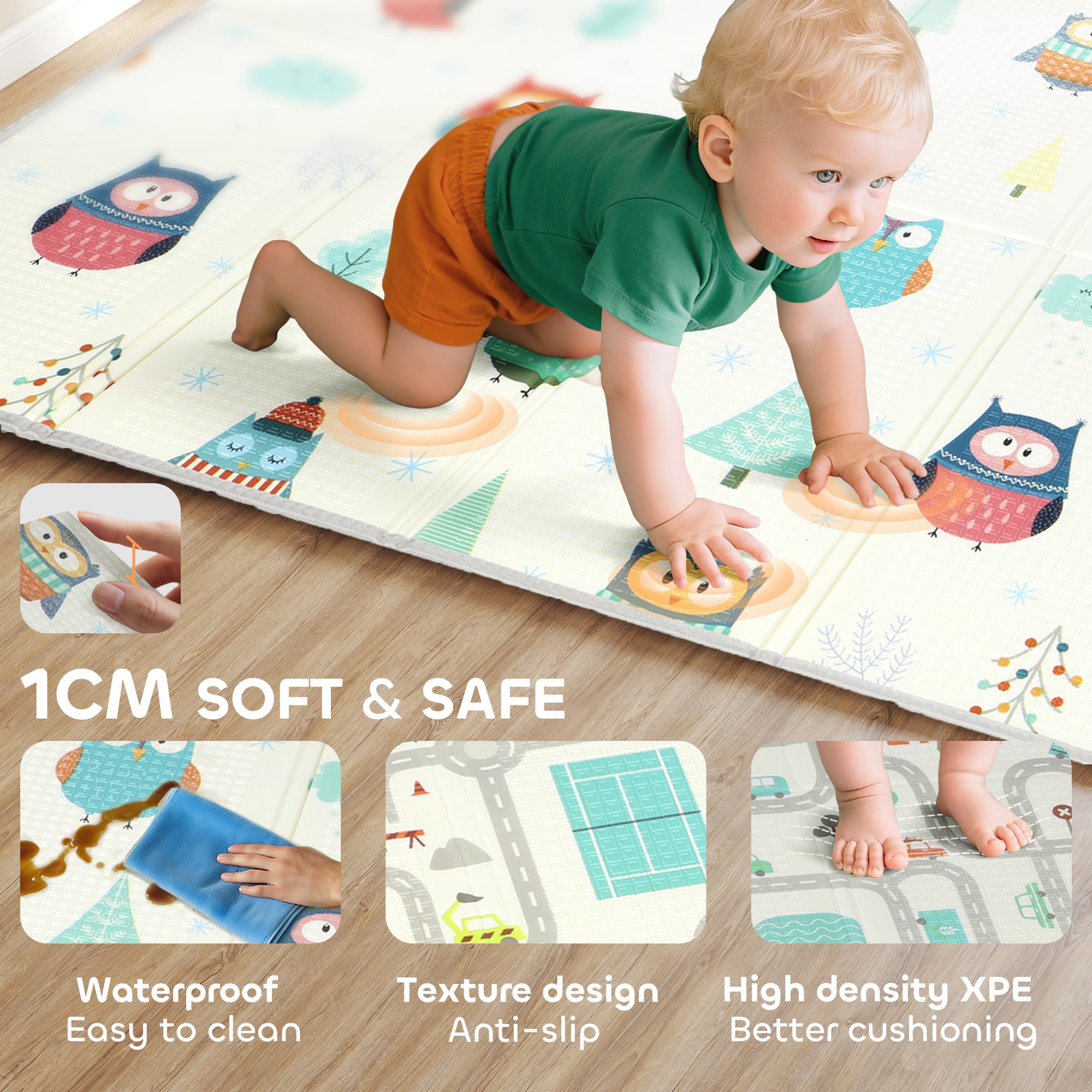 AIYAPLAY Foldable Baby Plat Mat Double Sided, Kids Floor Mat for Crawling, 200L x 150W cm, Car track and Owl Theme 