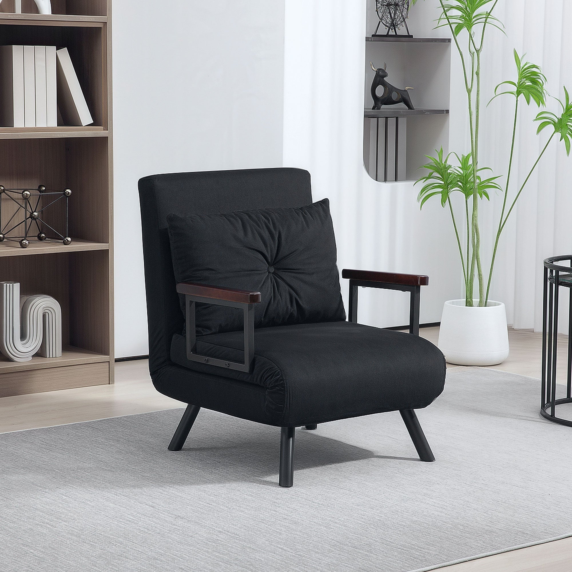 HOMCOM 4-in-1 Velvet-Feel Single Chair Bed, with Pillow - Black 