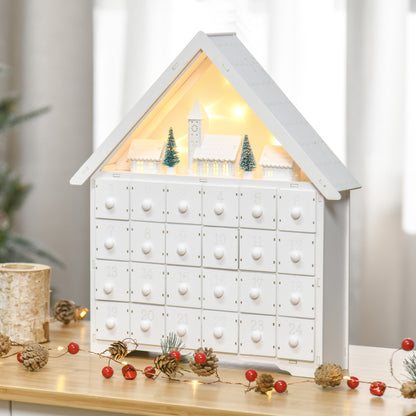 HOMCOM 24-Drawer Christmas Advent Calendar, Wooden Light-Up Traditional Decoration, Adults Kids Countdown Holiday House w/ Lights Handle White 