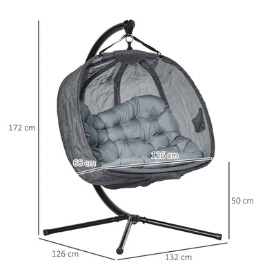 Outsunny Double Hanging Egg Chair 2 Seaters Texteline Swing Hammock Chair with Stand, Cushion and Folding Design, for Indoor and Outdoor, Grey 