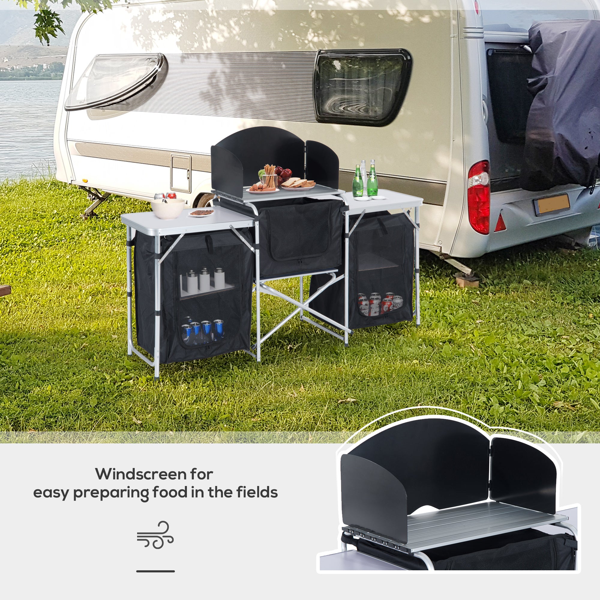Outsunny Multi-Storage Portable Camping Kitchen, with Heat-Resistant Tabletops and Bag 