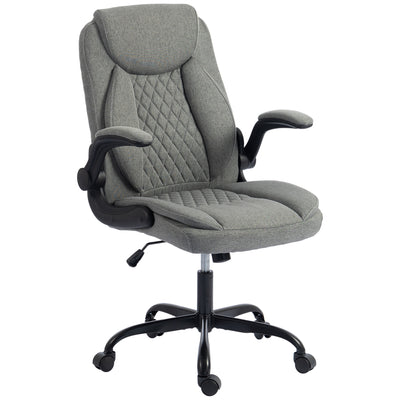 HOMCOM Linen-Look Computer Desk Chair, Executive Office Chair with Flip-Up Armrests and Thick Cushion, Grey