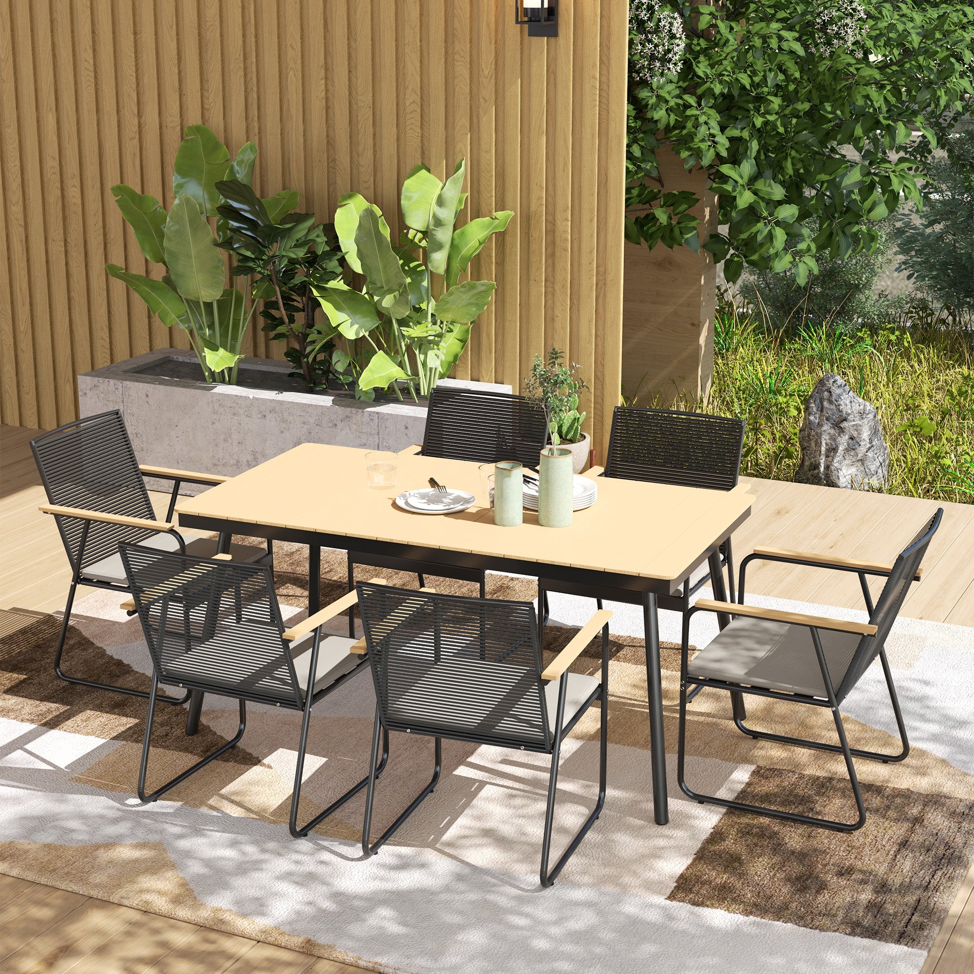 Outsunny 6 Seater Garden Dining Set with Soft Cushions, Rattan Backrest, Rectangular Plastic Top, Garden Furniture Set, Outdoor Dining Table and Chairs for Patio, Balcony, Poolside, Nature Wood Finish 