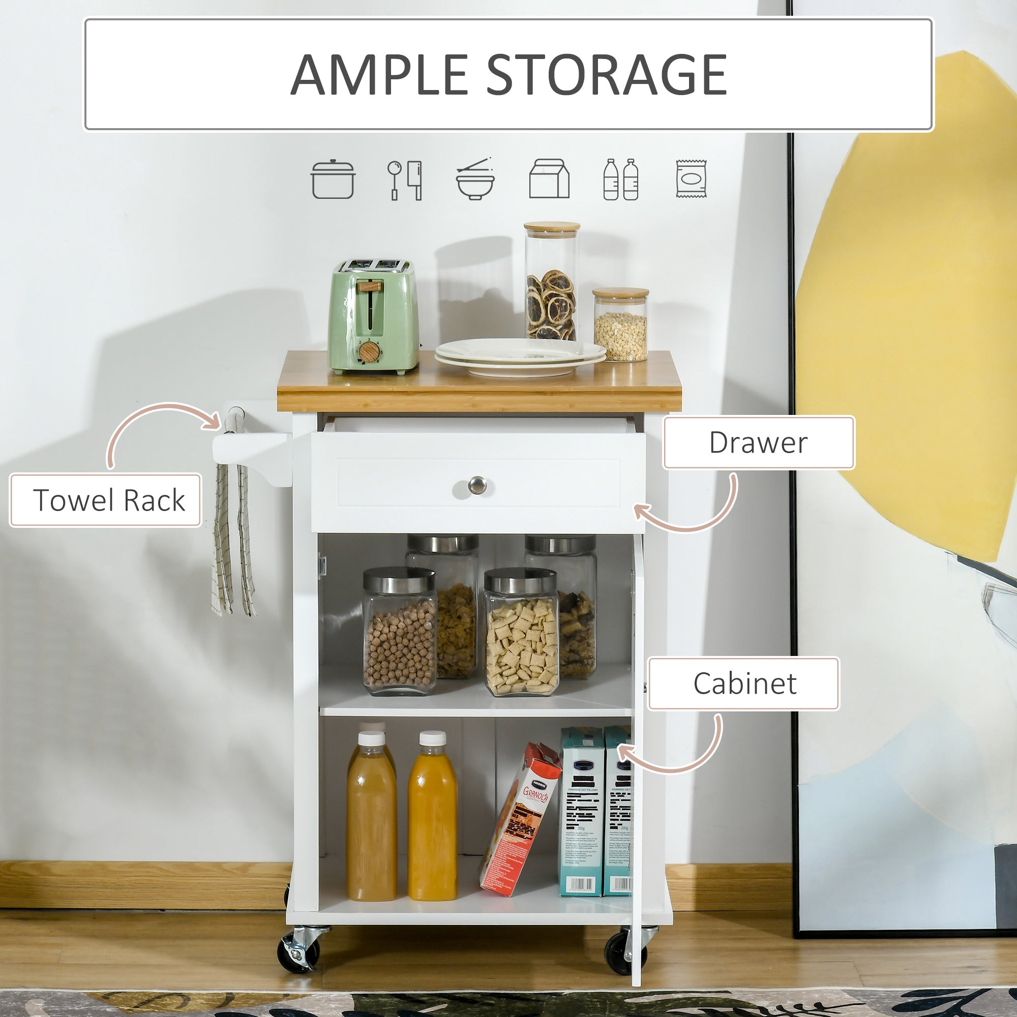 HOMCOM Kitchen Cart Storage Trolley Wooden Cabinet with Drawer Cupboard Towel Rail White 