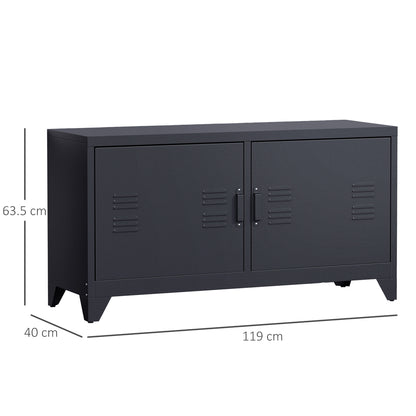 HOMCOM Steel TV Stand Cabinet, Industrial TV Unit for TVs up to 50", TV Table with 2 Doors, Adjustable Shelf and 4 Cable Holes for Living Room, Black 