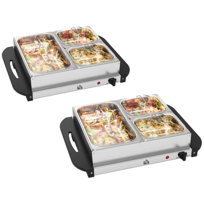 HOMCOM 4.5L Stainless Steel Electric Buffet Server, with 3x Trays and Lids, Set of 2 