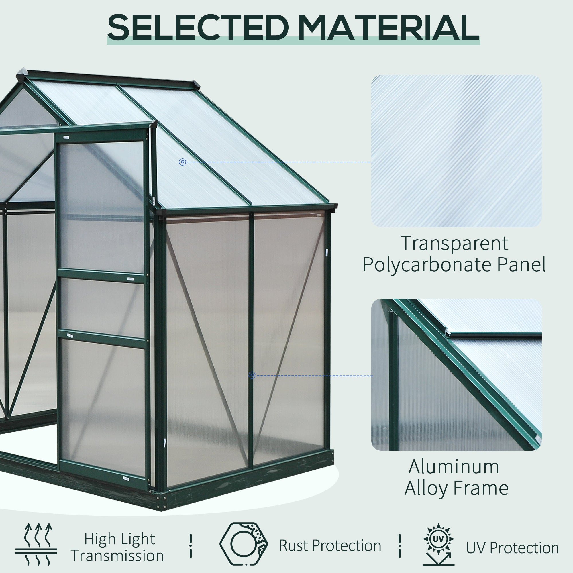 Outsunny 6 x 4ft Polycarbonate Greenhouse, Large Walk-In Green House with Slide Door and Window, Garden Plants Grow House with Aluminium Frame and Foundation, Dark Green 