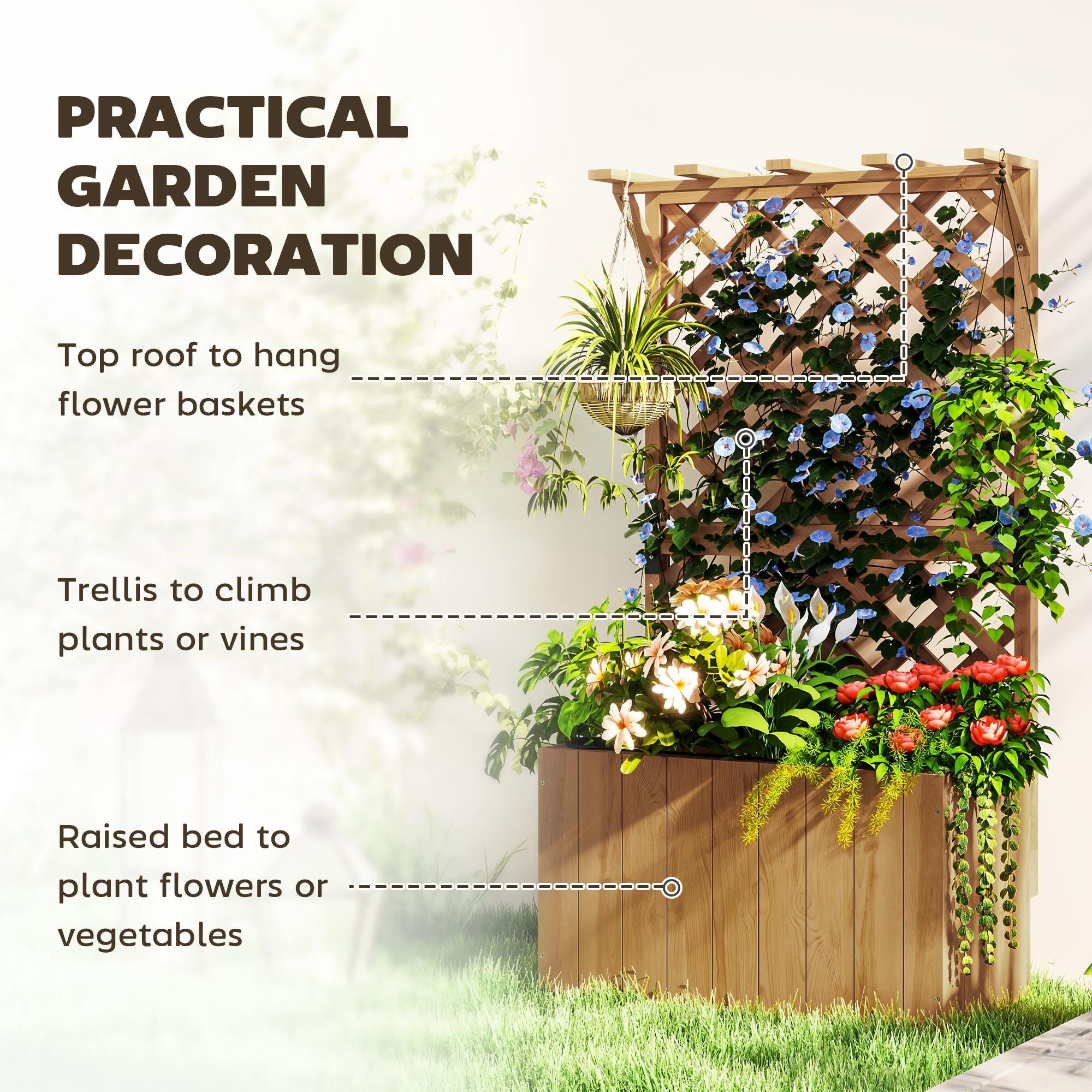 Outsunny Wooden Planter with Trellis, Freestanding Raised Garden Bed with Drainage Holes, Outdoor Planter Box with Liner for Vegetables, Herbs and Flowers, Natural 