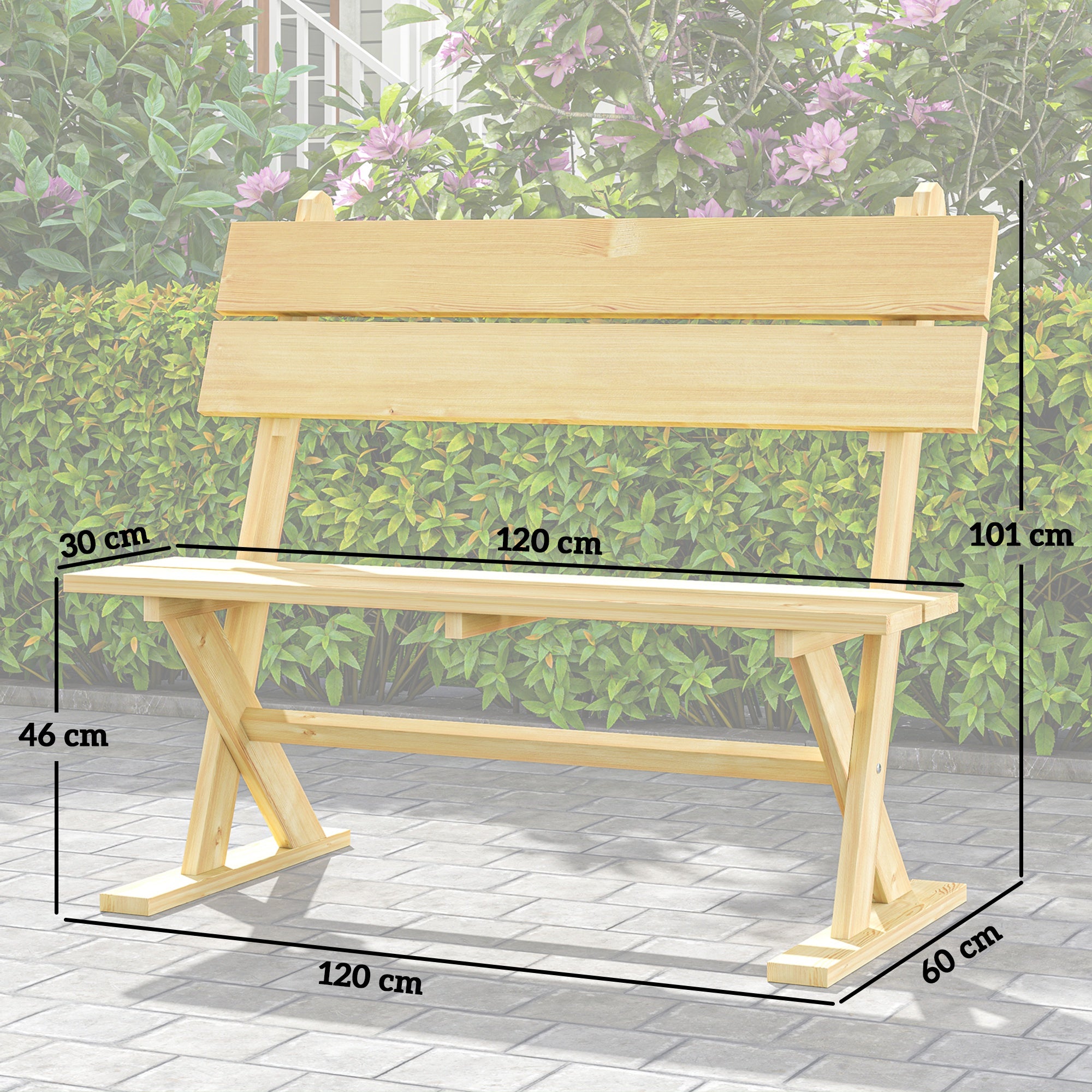 Outsunny 2 Seater Wooden Garden Bench, Fir Wood Outdoor Bench, Garden Loveseat with Slatted Seat, Sloping Back and Wide Feet for Patio, Park, Natural Wood Finish