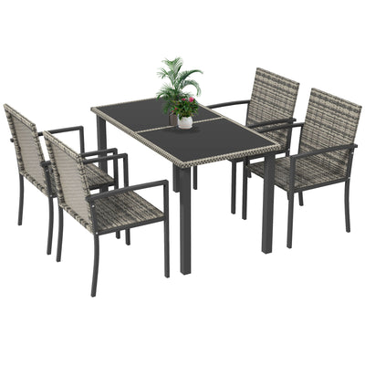 Outsunny Outdoor Dining Set 5 Pieces Patio Conservatory with Tempered Glass Tabletop,4 Dining Chairs - Mixed Grey 