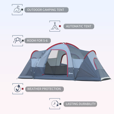 Outsunny Fibreglass & Steel Frame 5/6 Person Lightweight Camping Tent Blue 