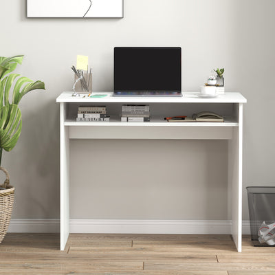 HOMCOM Home Office Furniture Set, Modern Computer Desk with Storage Shelf and Ergonomic Mesh Chair with Flip-Up Arms, Lumbar Support, Adjustable Height, Swivel Wheels, White and Grey 