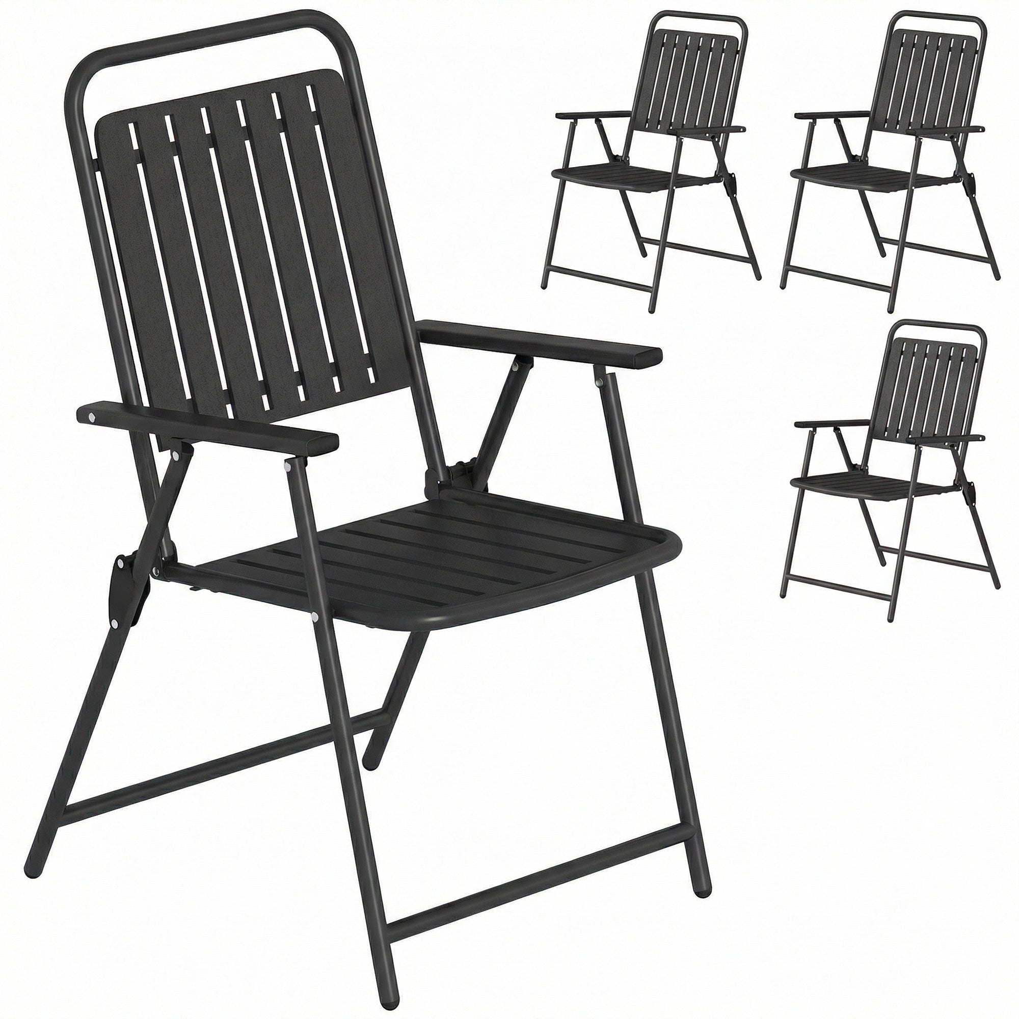 Outsunny Folding Garden Chairs, Garden Dining Chairs with Plastic Slatted Seat Back, Armrests, Steel Frame, Set of 4, Black 