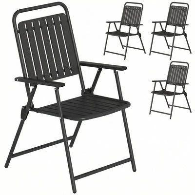Outsunny Folding Garden Chairs, Garden Dining Chairs with Plastic Slatted Seat Back, Armrests, Steel Frame, Set of 4, Black 