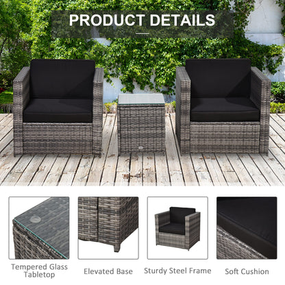 Outsunny 3 Pieces Rattan Bistro Set, Wicker Garden Furniture Set with Glass Top Coffee Table and Chairs, Thickened Washable Cushions for Outdoor, Patio, Balcony, Grey 