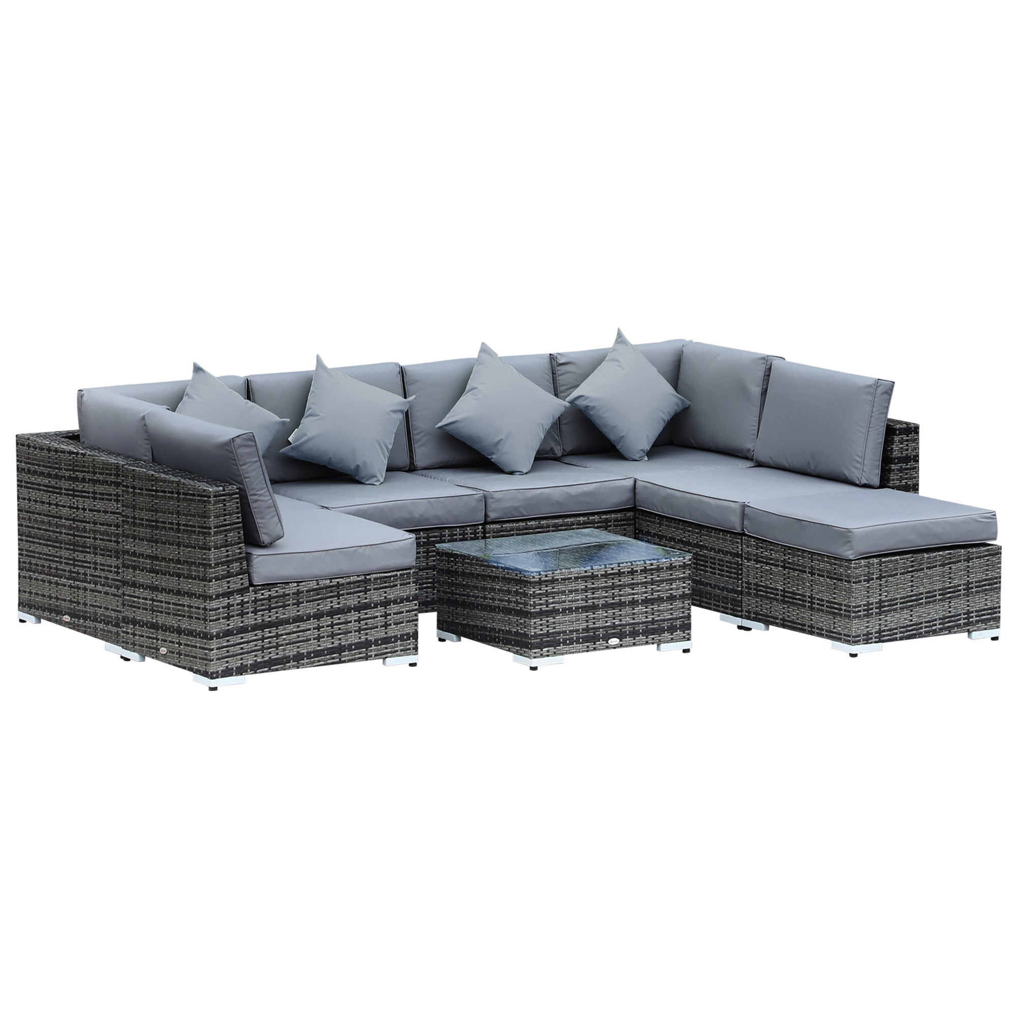 Outsunny 8 Pieces PE Rattan Corner Sofa Set with Thick Cushions, Aluminium Outdoor Rattan Garden Furniture Set with Glass Top Table, No Assembly Required, Grey 