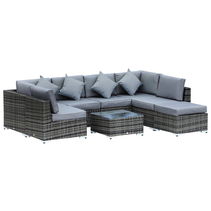 Outsunny 8 Pieces PE Rattan Corner Sofa Set with Thick Cushions, Aluminium Outdoor Rattan Garden Furniture Set with Glass Top Table, No Assembly Required, Grey 