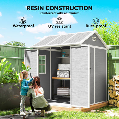 Outsunny 6 x 6ft Garden Shed with Floor, Window, Lockable Doors and Vents, Wood Effect Resin Tool Shed for Outdoor Patio, Grey 