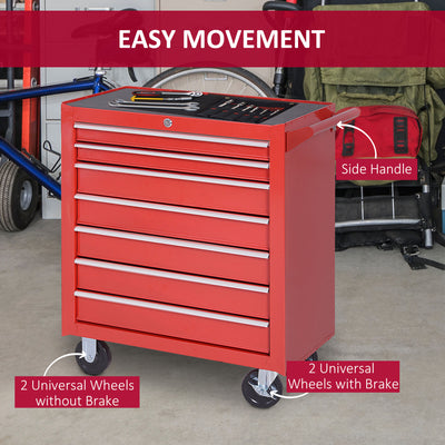 DURHAND 7-Drawer Rolling Tool Chest on Wheels, Lockable Tool Cabinet with Side Handle, Metal Tool Box Trolley for Garage, Workshop, Red 
