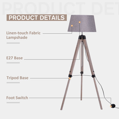 HOMCOM Tripod Floor Lamps for Living Room Bedroom, Modern Adjustable Standing Lamp with Wood Legs, Drum Fabric Shade, 99-143cm, Grey 