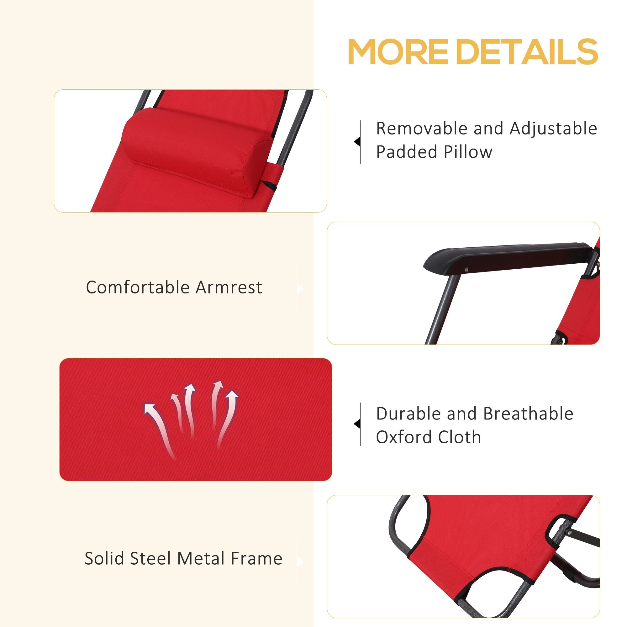 Outsunny 2 Pieces 2 in 1 Sun Lounger Folding Reclining Chair Garden Outdoor Camping Adjustable Back with Pillow, Red 