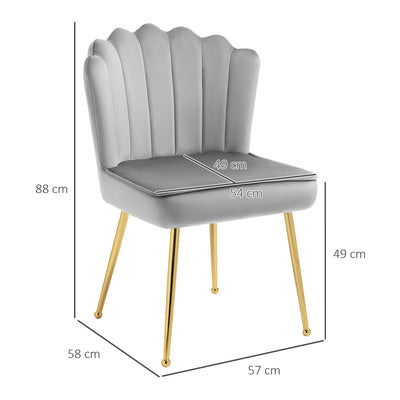 HOMCOM Shell Dining Chairs Set of 2, Upholstered Kitchen Chairs with Gold Metal Legs and Backrest, Velvet Fabric Lounge Leisure Chairs for Living Room, Reception Room, Grey 