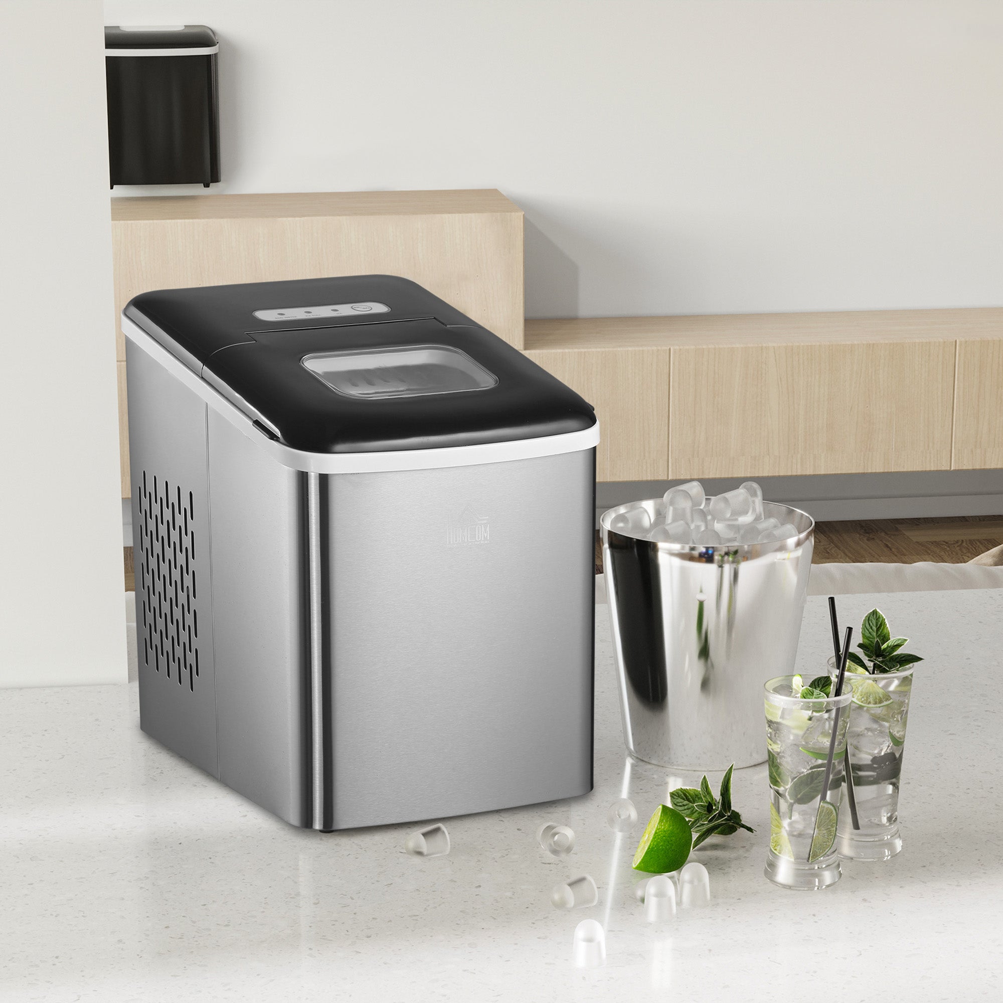 HOMCOM Ice Maker Machine, Counter Top Ice Cube Maker for Home, 9 Ice Cubes per 8 Minutes, 1.8L with Self Cleaning Function, Scoop and Basket Stainless Steel No Plumbing Required Black 