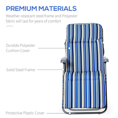 Outsunny Reclining Garden Chair Set of 2, 5-Level Adjustable Zero Gravity Chairs with Cushions, Folding Sun Lounger Garden Recliner Chairs with Armrests for Outdoor, Patio, Blue Stripe 