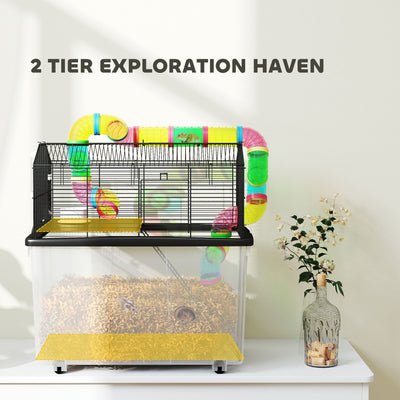PawHut 2 Tier Hamster Cage with 31cm Deep Tray, Tube System, Water Bottle, Ramp, Feeding Bowl, 58 x 43 x 57cm, Multicolour 